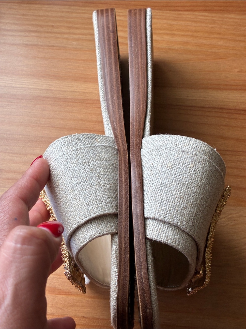 Neutral Beige Slide Mules with Gold Buckle - Picture 8 of 12